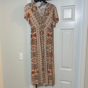 SHEIN Beige and Orange Geometric Midi Dress